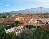 Aerial view of the country house in Los Gallardos with terraces, garden, and open views of the Sierra Cabrera mountains.